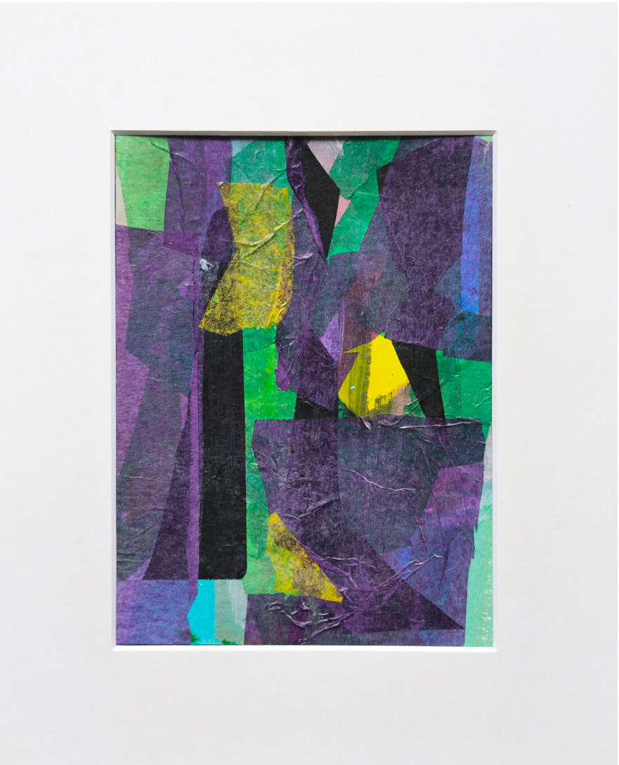 Collage mit Violett, Rot, Gelb, 30x24, 2025