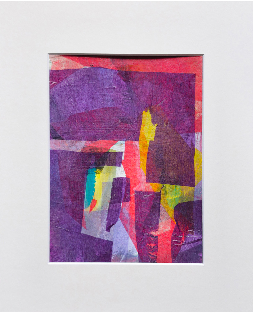 Collage mit Violett, Rot, Gelb, 30x24, 2025