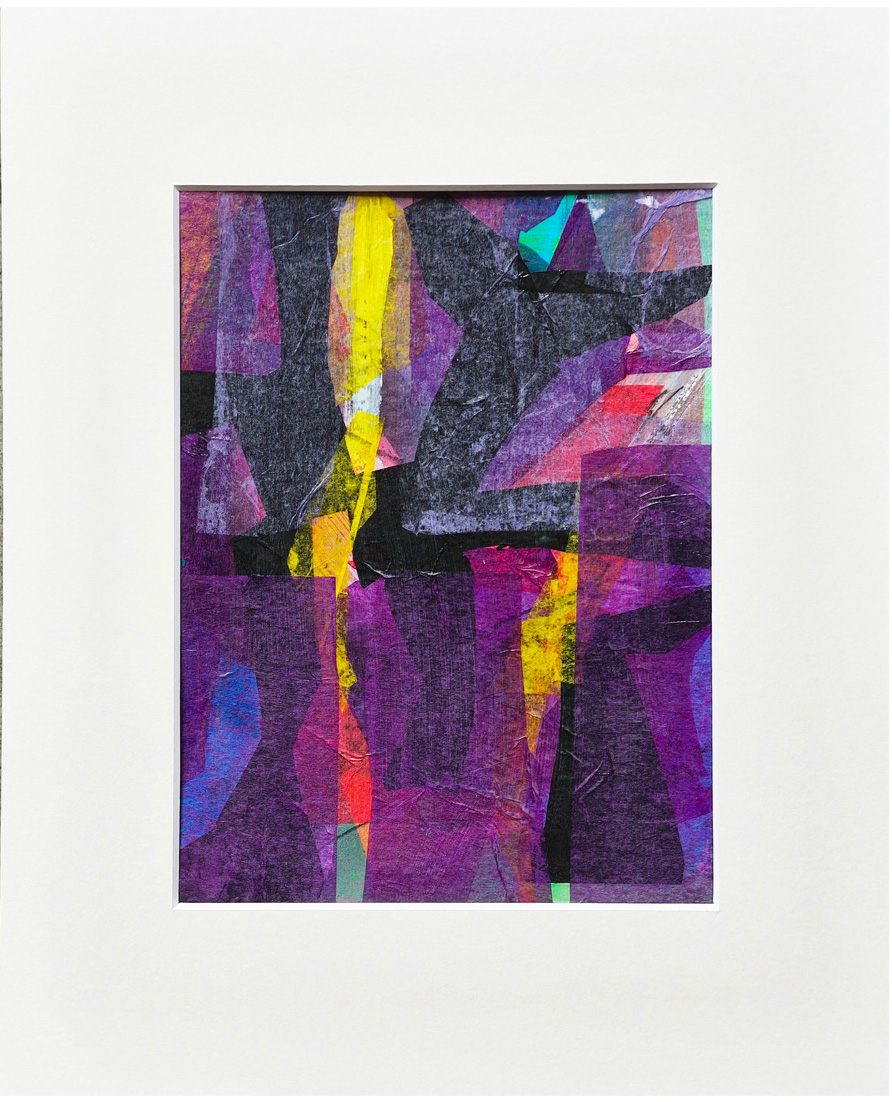Collage mit Violett, Rot, Gelb, 30x24, 2025