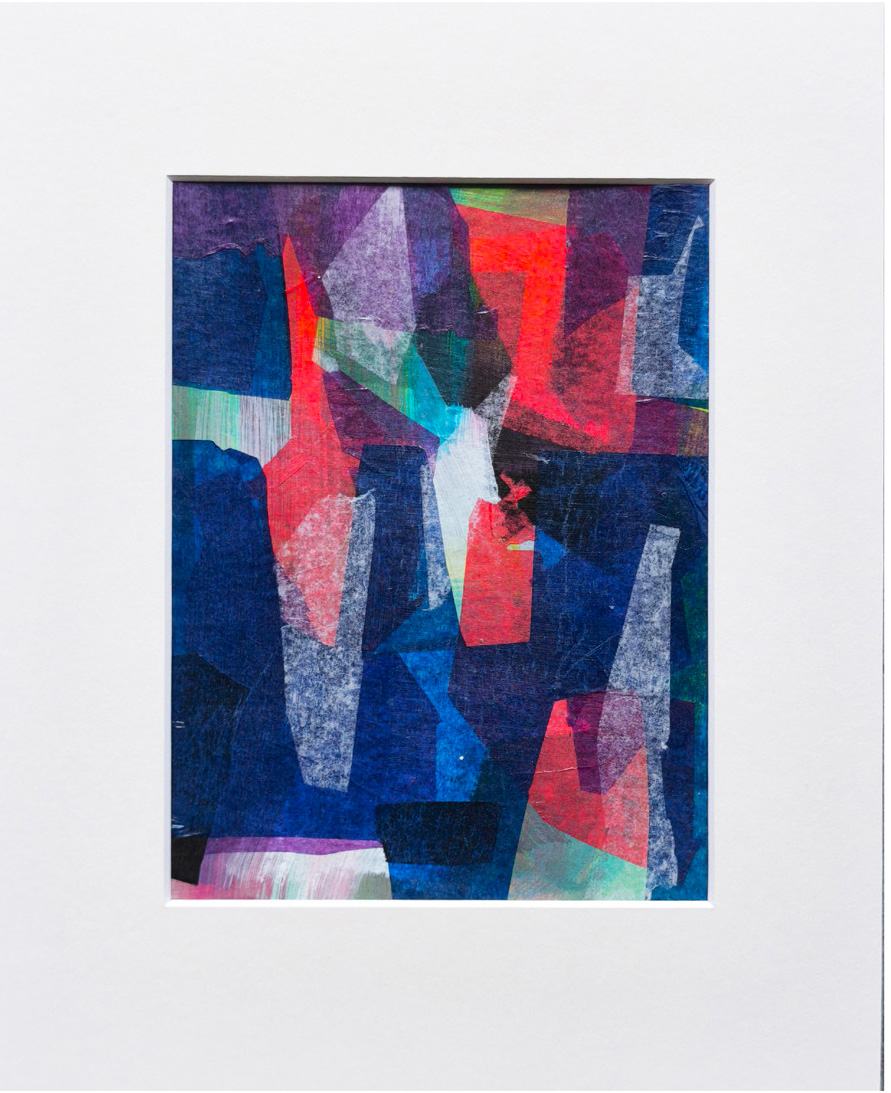 Collage mit Violett, Rot, Gelb, 30x24, 2025